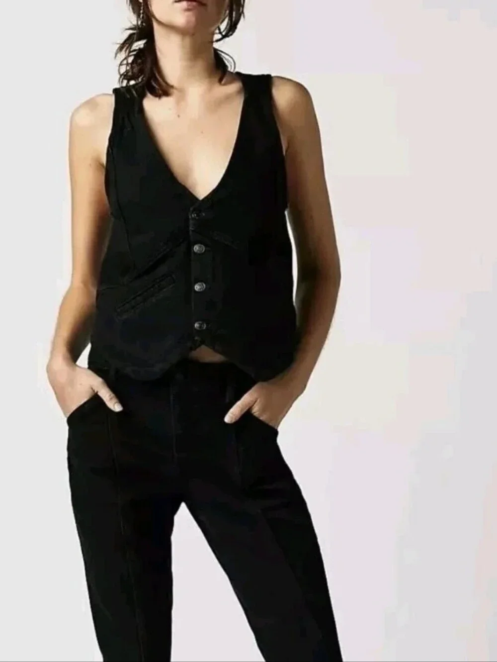 Free People Black Denim Vest With Tie Back